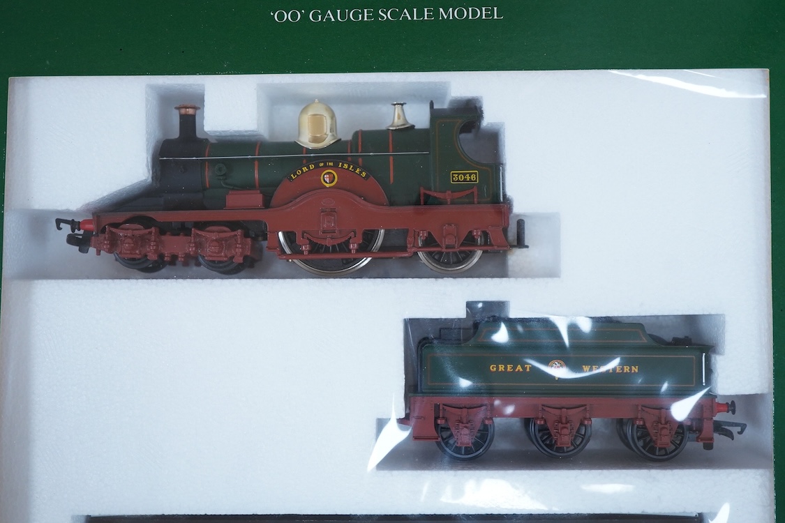 A boxed Hornby Railways 00 gauge GWR Lord of the Isles train pack, comprising of a 4-2-2 tender locomotive and three chocolate and cream coaches